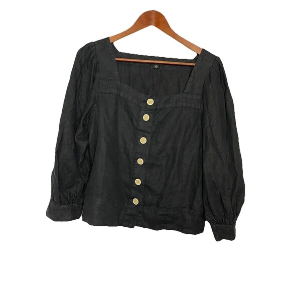 J Crew Square Neck Button Up Linen Top Womens Medium Black Puff Sleeve Blouse - Picture 1 of 6